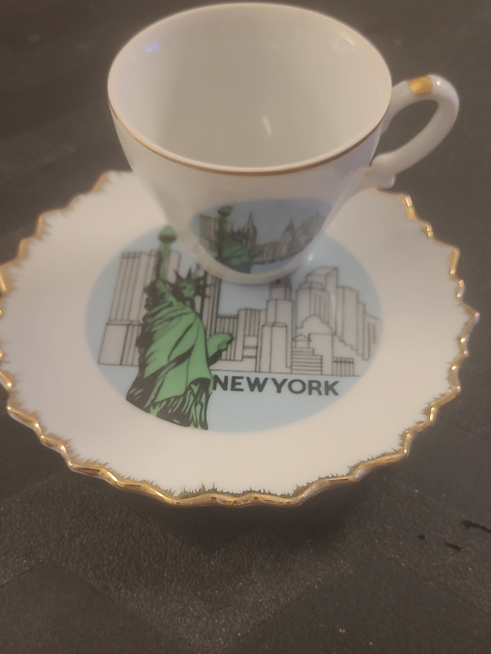 New York Souvenir Porcelain Teacup & Saucer with Gold Trim